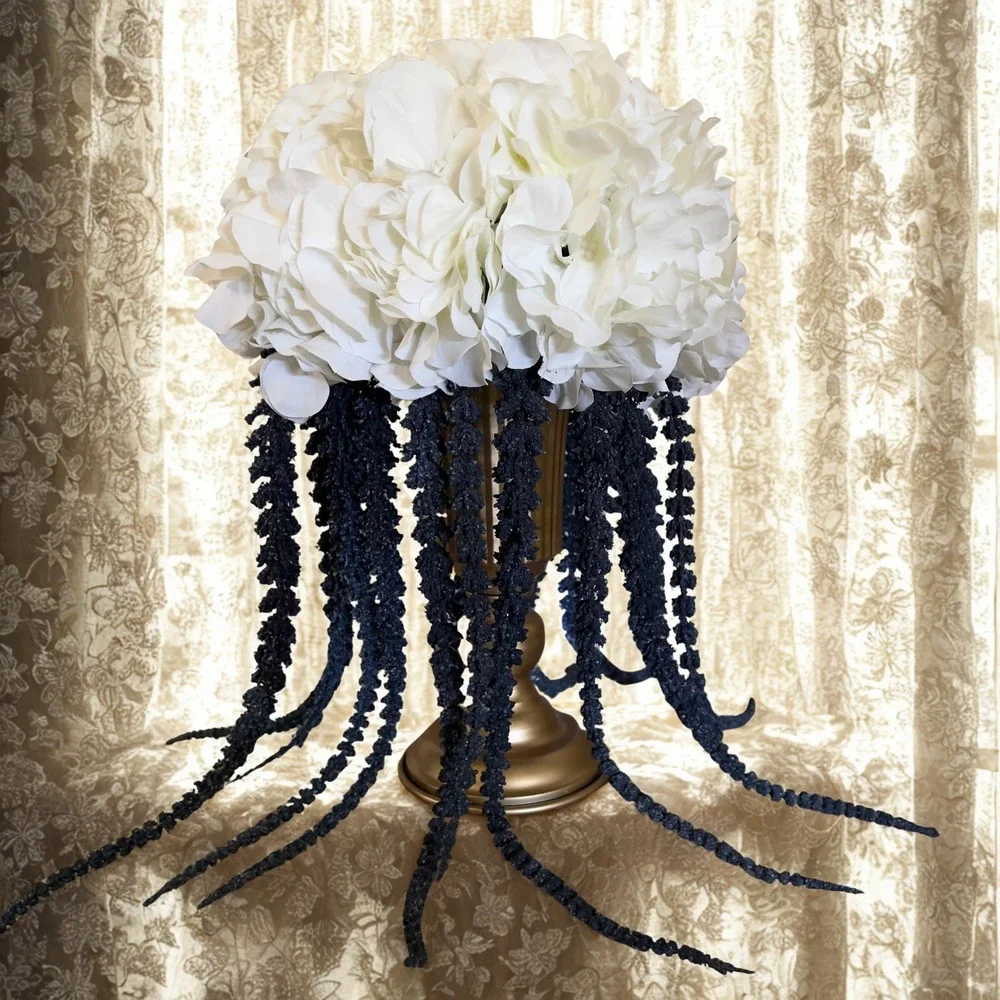 White Hydrangea and Blue Cascading Floral Centerpiece Arrangement in‎ Gold Urn